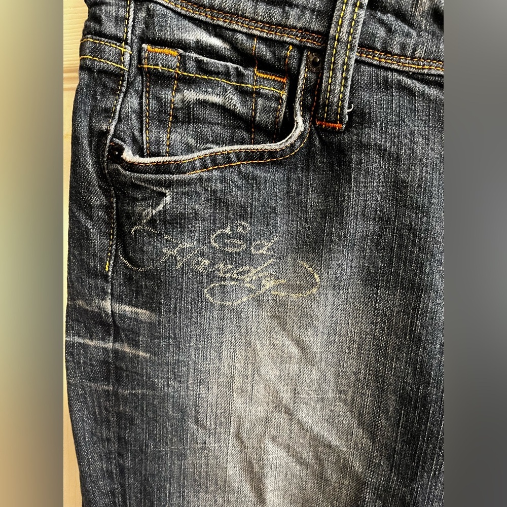 ULTRA RARE~ED HARDY~ TATTOO JEANS ~ SKINNY RAW HEM ~ MIXED MEDIA ~ DOVE~28 - Picture 9 of 16